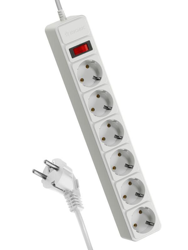 Удлинитель с сетевым фильтром 6х5м с заземл. 16А IP20 3.5кВт с предохранителем 3х1 индикатор сети бел. КОСМОС FKsm5m-6g(W)16A