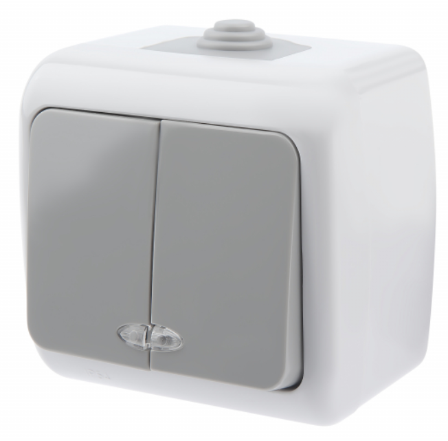 5-105-03 Intro Выключатель двойной с подсветкой, 10А-250В, IP54, ОУ, Atlantic, серый