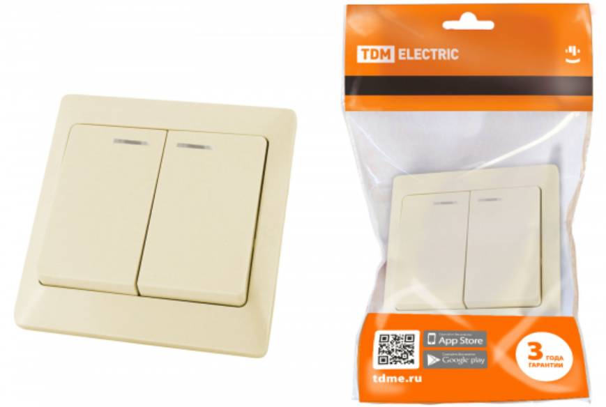 Выключатель 2 кл. с подсветкой 10А сл. кость "Ильмень" TDM